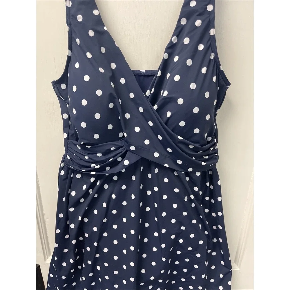 Lands' End Swim Dress Women 14 Polka Dot Twist Front V-Neck Modest One Piece